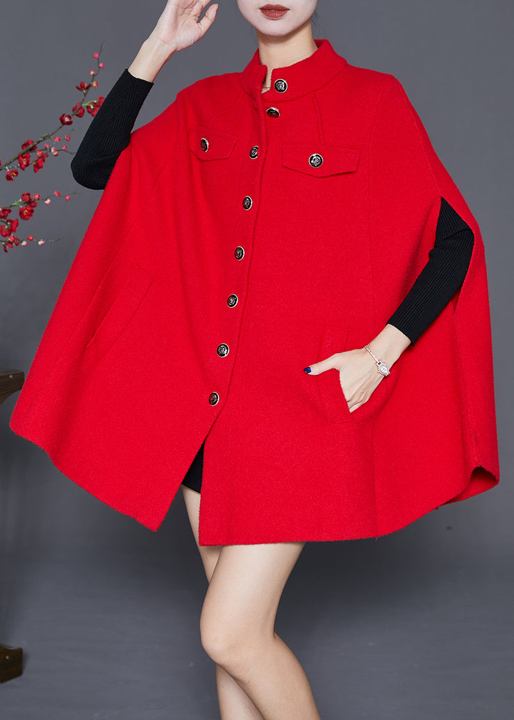 Red Oversized Woolen Coats Metal Buttons Cloak Sleeves