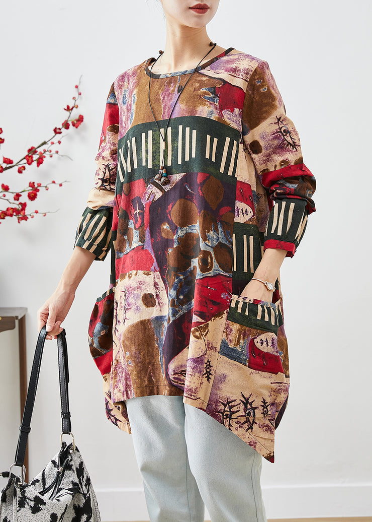 Red Painting Cotton Mid Dress Oversized Pockets Fall