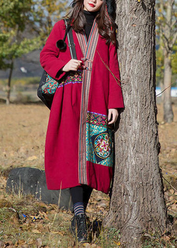 Red Patchwork Applique Fine Cotton Filled Long Coats Embroidered Oriental Button Winter
