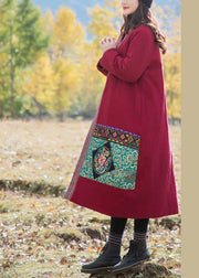 Red Patchwork Applique Fine Cotton Filled Long Coats Embroidered Oriental Button Winter