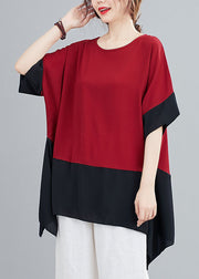Red Patchwork Chiffon T Shirts Top Asymmetrical Summer