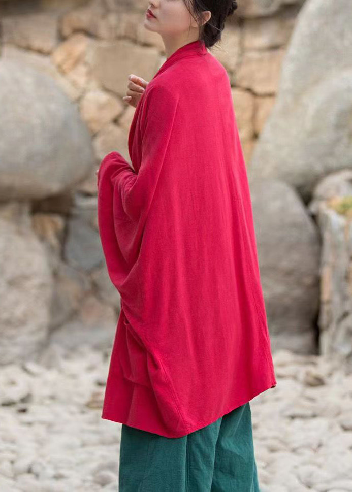 Red Patchwork Cotton Cardigans Stand Collar Long Sleeve