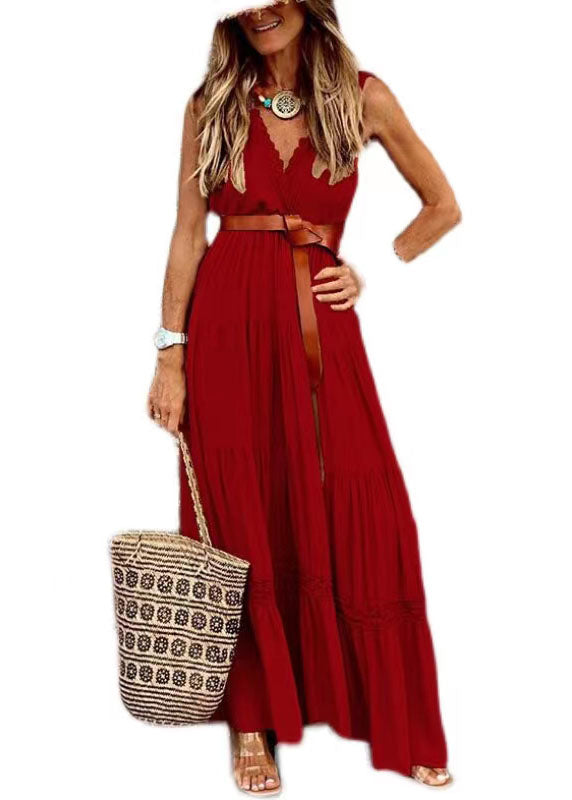 Red Patchwork Cotton Dresses V Neck Wrinkled Lace Summer