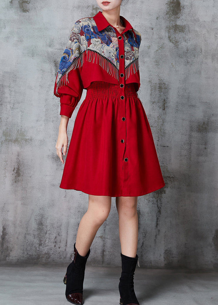 Red Patchwork Cotton Holiday Dress Tasseled Spring