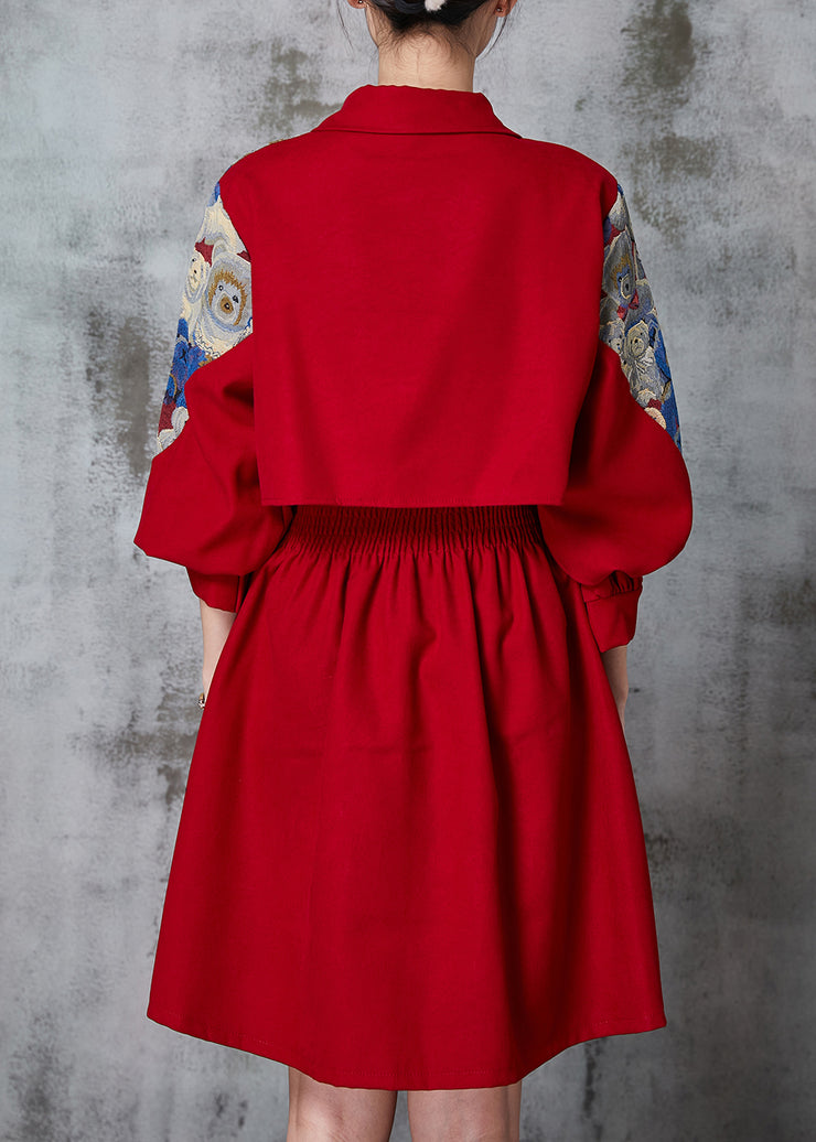 Red Patchwork Cotton Holiday Dress Tasseled Spring
