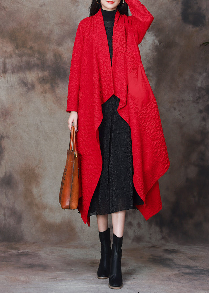 Red Patchwork Cotton Long Cardigan Asymmetrical Spring