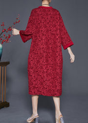 Red Patchwork Cotton Party Dress Oversized Jacquard Bracelet Sleeve