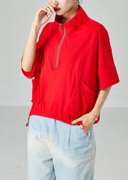 Red Patchwork Cotton Tanks Oversized Side Open Summer