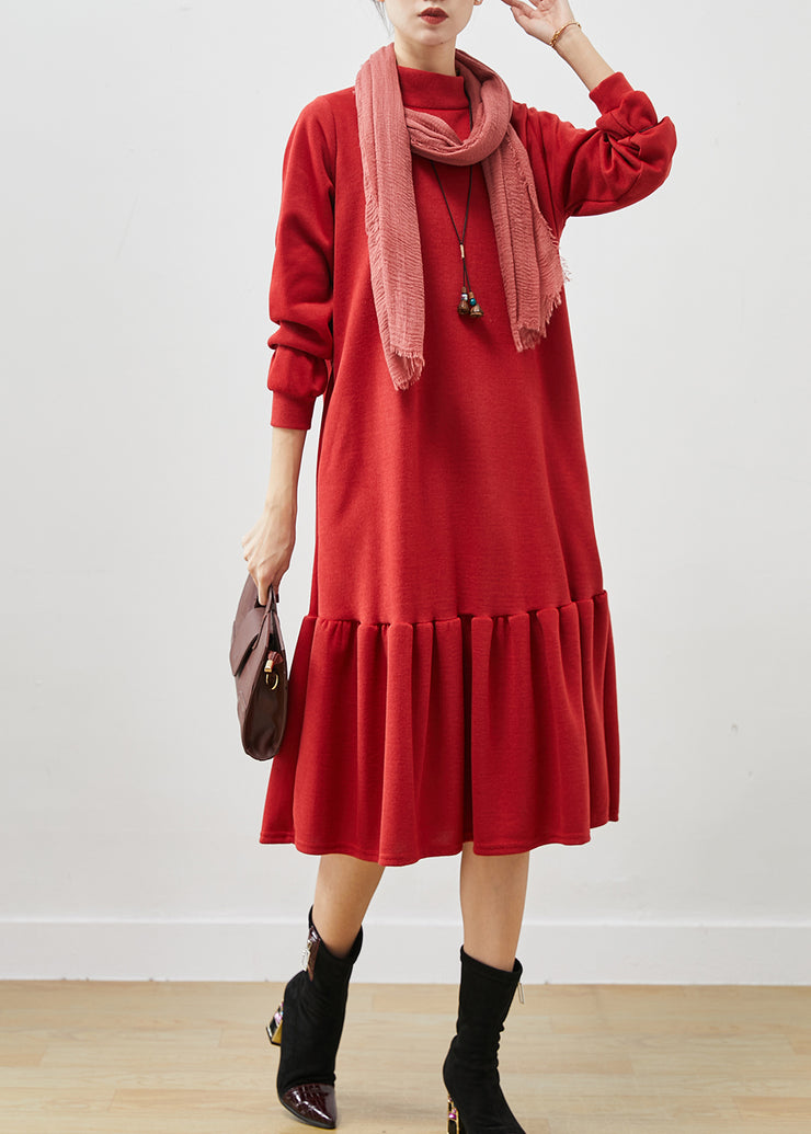 Red Patchwork Cotton Vacation Dress Ruffles Spring