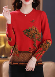 Red Patchwork Cozy Wool Knit Sweaters O Neck Long Sleeve