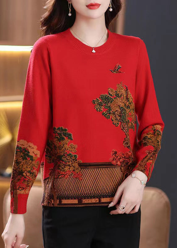 Red Patchwork Cozy Wool Knit Sweaters O Neck Long Sleeve