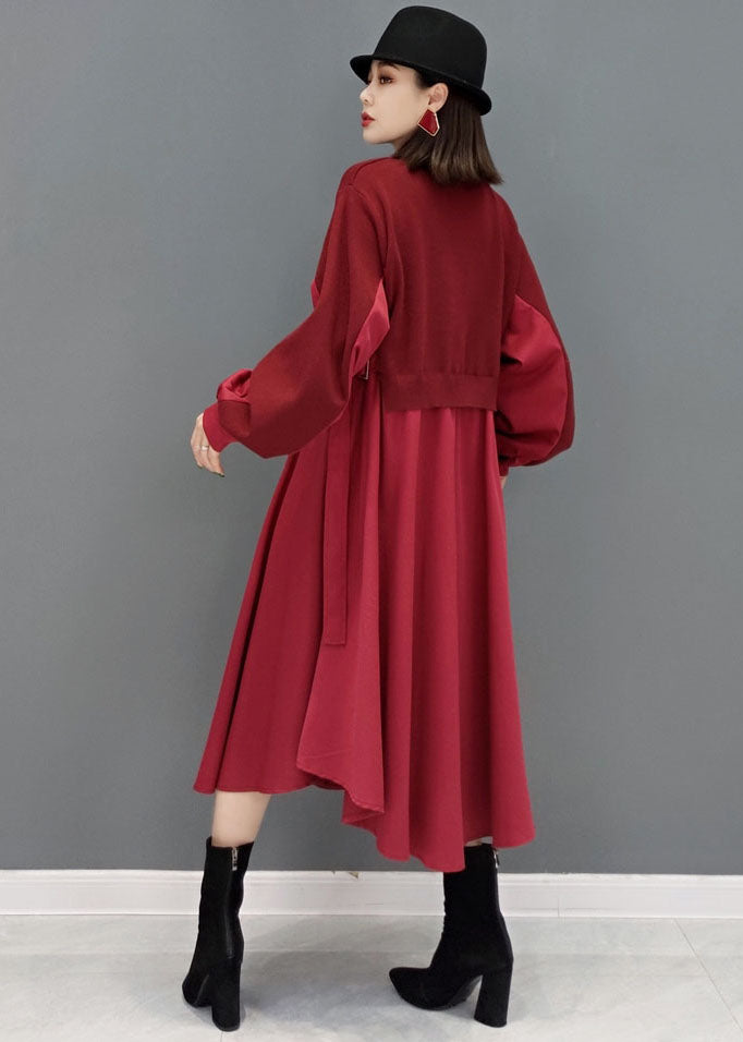 Lange Kleider aus roter Patchwork-Strick-Baumwolle mit einfarbigen Knöpfen und langen Ärmeln