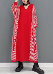 Red Patchwork Knit Loose Holiday Dress Spring