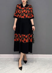 Red Patchwork Knit Pleated Dresses Turn-down Collar Print Summer