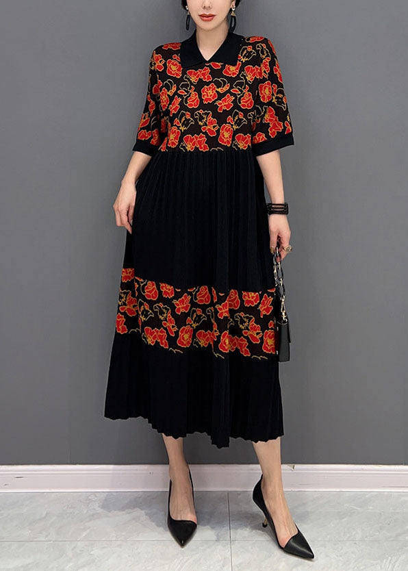 Red Patchwork Knit Pleated Dresses Turn-down Collar Print Summer