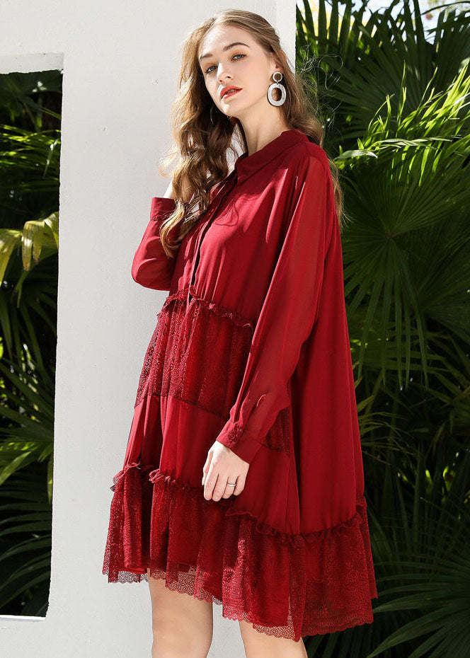 Red Patchwork Lace Chiffon Shirt Dress Ruffled Exra Large Hem Spring