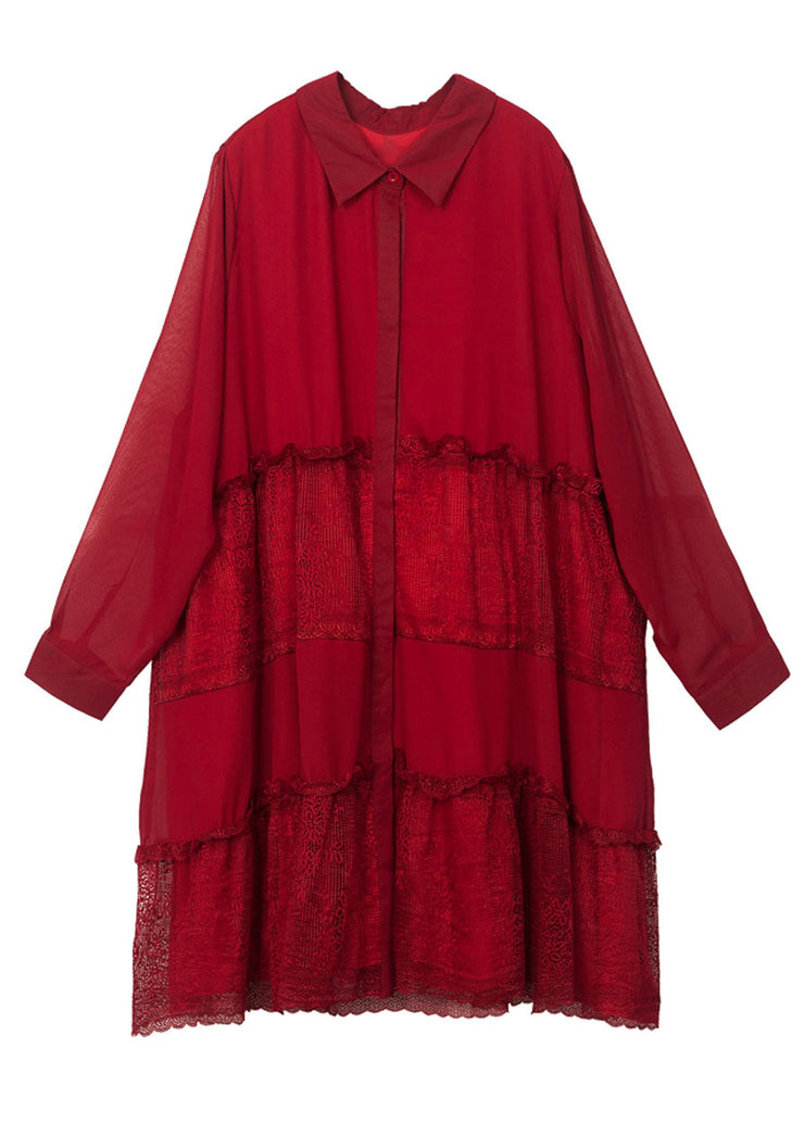 Red Patchwork Lace Chiffon Shirt Dress Ruffled Exra Large Hem Spring