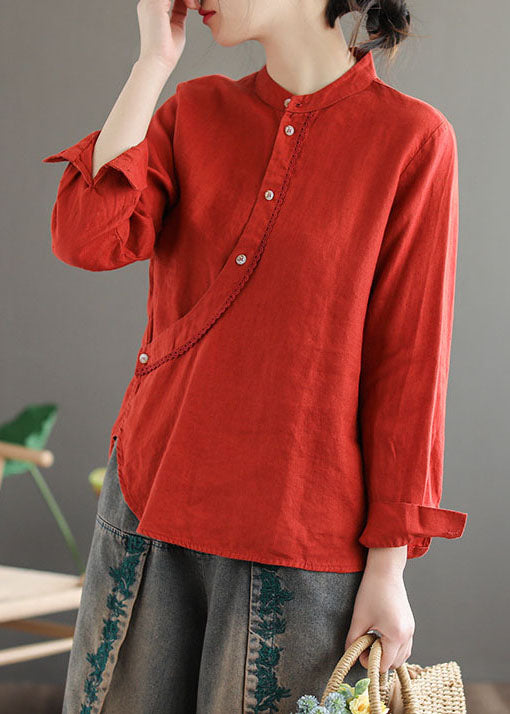Red Patchwork Linen Chinese Style Tops Stand Collar Long Sleeve
