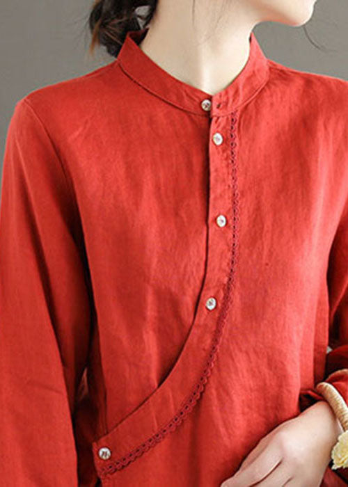 Red Patchwork Linen Chinese Style Tops Stand Collar Long Sleeve