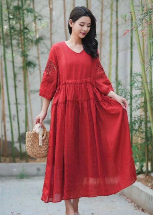 Red Patchwork Linen Dress Embroidered V Neck Wrinkled Summer