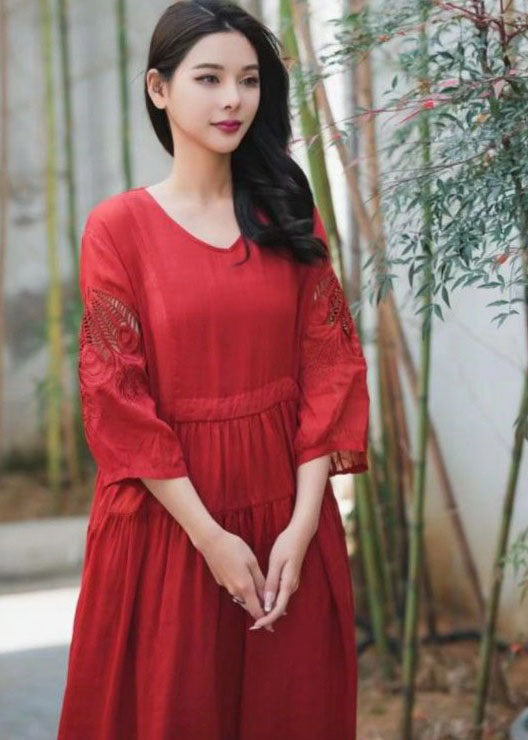 Red Patchwork Linen Dress Embroidered V Neck Wrinkled Summer