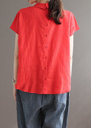 Red Patchwork Linen Shirts Tops Peter Pan Collar Button Summer
