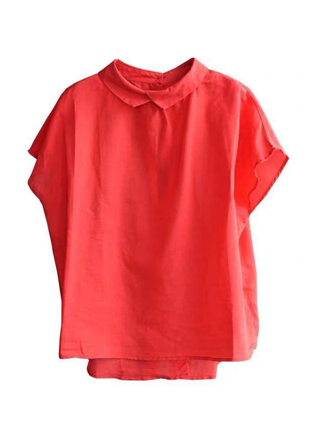 Red Patchwork Linen Shirts Tops Peter Pan Collar Button Summer