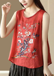 Red Patchwork Linen Tops Embroidered O Neck Sleeveless