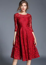 Red Patchwork Loose Lace Dresses O Neck Bracelet Sleeve