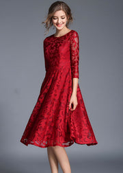 Red Patchwork Loose Lace Dresses O Neck Bracelet Sleeve