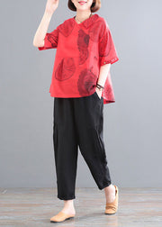Red Patchwork Pockets Top And Crop Pants Two Piece Set Summer
