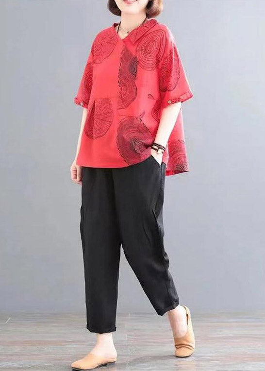 Red Patchwork Pockets Top And Crop Pants Two Piece Set Summer
