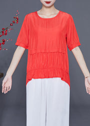 Red Patchwork Silk Shirt Top Wrinkled Button Short Sleeve