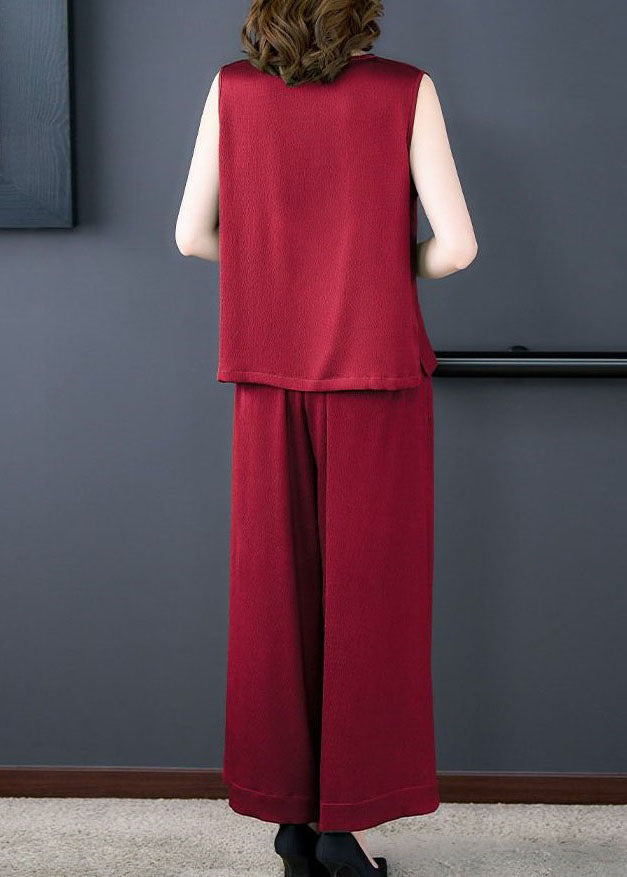 Red Patchwork Silk Tops And Pants Two Piece Set V Neck Sleeveless