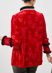 Red Patchwork Silk Velour Tops Chinese Button Jacquard Spring
