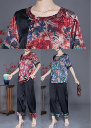 Red Patchwork Silk Women Sets 2 Pieces O-Neck Print Summer