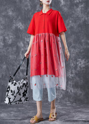 Red Patchwork Tulle Cotton Maxi Dresses Embroidered Summer