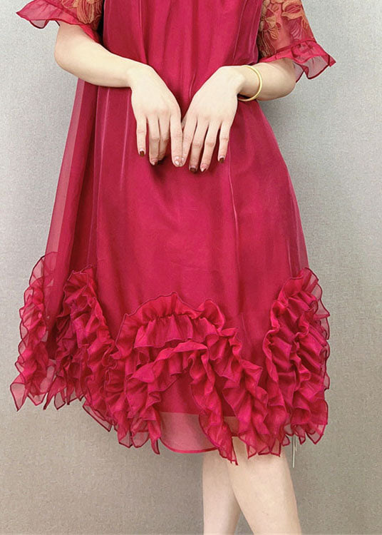 Red Patchwork Tulle Party Dress Embroidered Ruffled Summer