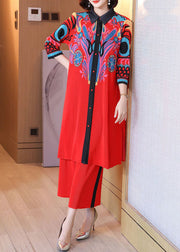 Red Patchwork Two Pieces Set Peter Pan Collar Side Open Summer