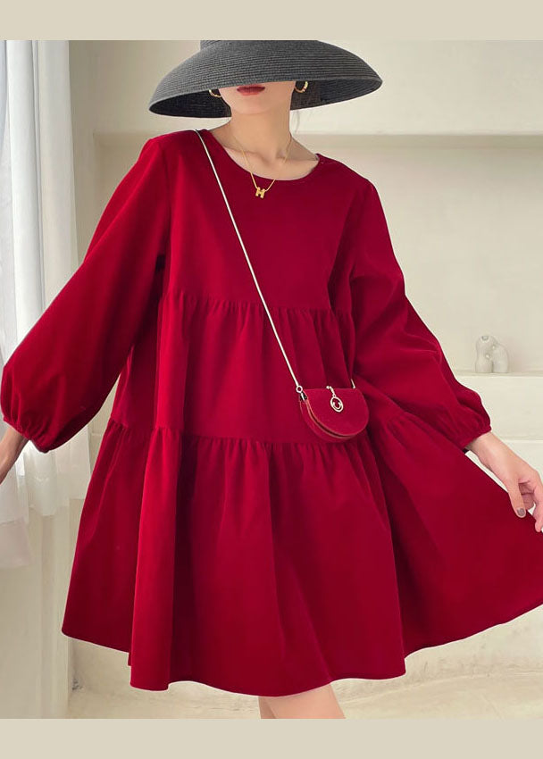 Red Patchwork Velour Mini Dress Puff Sleeve Spring