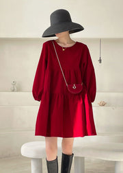 Red Patchwork Velour Mini Dress Puff Sleeve Spring