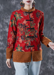 Red Patchwork Warm Fleece Jackets Chinese Button Winter