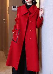 Red Patchwork Wool Long Coats Peter Pan Collar Spring