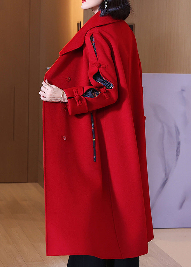 Red Patchwork Wool Long Coats Peter Pan Collar Spring