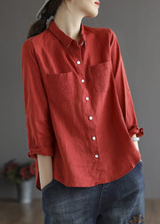 Red Peter Pan Collar Low High Design Linen Shirt Long Sleeve