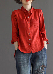 Red Peter Pan Collar Low High Design Linen Shirt Long Sleeve