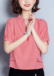 Red Plaid Chiffon Blouses Oversized Wrinkled Short sleeve