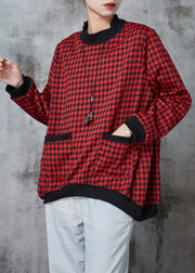 Red Plaid Cotton Pullover Sweatshirt Stand Collar Spring