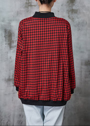 Red Plaid Cotton Pullover Sweatshirt Stand Collar Spring