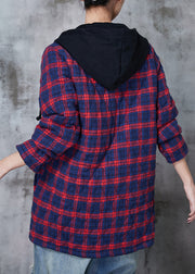 Red Plaid Fine Cotton Filled Coat Hooded Pockets Spring